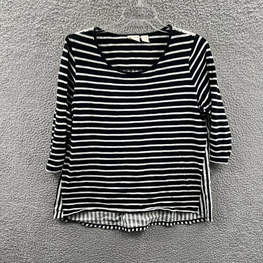 Chicos Womens Top 1 Medium Black White Striped 100% Cotton 3/4‎ Sleeve Shirt